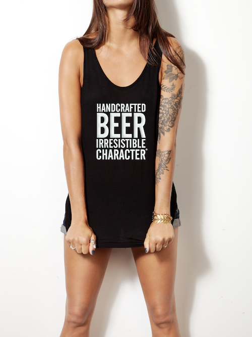 Girl wearing a Siren Rock Brewery tank top that says Handcrafted Beer Irresistible Character
